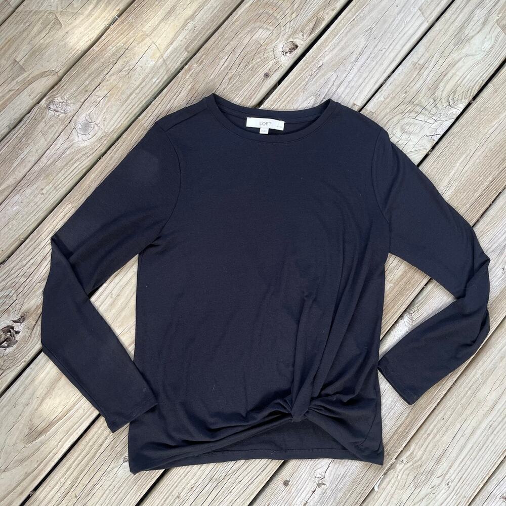 LOFT Black Long Sleeve Soft Knit Tie Front Top Size MP. NEW
